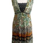 Forbidden Safari Print Dress Midi Size Medium Studded Neckline Tan Black Hippie Brown Photo 0