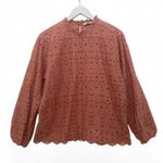 ZARA  Premium Denim Eyelet Top S Coral Pink Cotton Balloon Sleeve Scalloped Photo 2