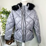 Sebby  Collection Gray Silver Quilted Puffer Coat Black Faux Fur Trim NEW Sz S Photo 2