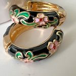 Chic Black Enamel Earrings with Pink Floral Design Photo 1