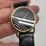 1980s Tali Beverly Hills Watch Rhinestone Accent Gold Tone Black Face Quartz Photo 4