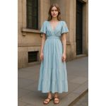 She & Sky  Ruffle Sleeve w/ Plunging Neckline Open Back Crepe Blue Maxi Dress 1XL Photo 8