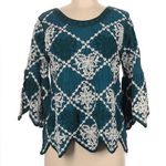 Kindred brand green ivory embroidered boho bell sleeve babydoll peplum top Photo 0