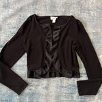 Loft Ann Taylor Black Open Front Satin Trim Cropped Cardigan Medium Photo 2