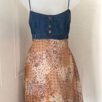 Carolina Blues 2000s Y2K boho hippie Tan navy blue jean denim patchwork midi dress with button front cami spaghetti strap #festival Size 8/M, measurements in pics Photo 0