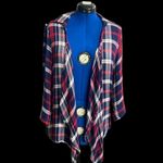 Justify Plaid Crochet Open Front Cardigan Shrug Large Red Blue White & Ivory Photo 4