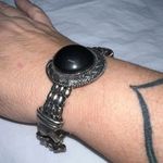 Vintage Silver Tone Large Black Stone with Flower and Rhinestone Embellishments Photo 1