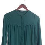 ZARA  WomenPleated Ruffle‎ Top XS Forest Green Sheer Button Up Fairy Whimsy Boho Photo 5
