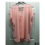Xhilaration Womens Size Large Pink Palm Pom Pom Trim Kaftan V-Neck Swim Cover-Up Photo 2