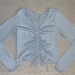 Moa Moa  Long Sleeve Clinch Tie Lettuce Trim Blue Smocked Ruched Crop Top SzM Photo 0