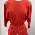 Vintage 80s Midi Sheath Dress Dolman Sleeve Pearl Chain Waist Coral Gold Small Orange Photo 2