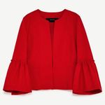 ZARA Ruffled Bell Sleeve Open Front Cropped Blazer Jacket Red Size Small Photo 5