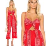 Free People Linen Bohemian Wide Leg Cut Out Jumpsuit in Red Bandana Size 2 Photo 1
