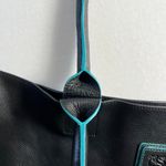 Black Deertan Cowhide Leather Tote Bag Teal Trim Classic Minimalist Purse Photo 4