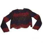 Sandro Red Blue Lace 2 Piece Long Sleeve Lined Pencil MIDI Skirt Set Size 3 US 8 Photo 3