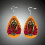 Rose Flower Virgin Mary Print‎ Teardrop Dangle Earrings Faux Leather Orange Photo 9