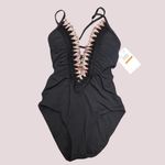 Becca NWT  Delilah Black Crochet Trim One Piece Swimsuit - Small Photo 2