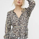 Free People $108 Flower Power Top XS Black Floral Print Split Neck Shirt Boho Photo 0