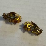 Vintage Rhinestone Hand Painted Rose Flowers Gold Tone Austria Clip On Earrings Photo 1
