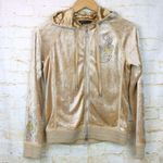 BCBGMAXAZRIA Vtg Y2K Velour Hoodie Track Jacket M Beige Rhinestone Graphic Flame Photo 4