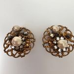 Victorian Pearl Bead Rhinestone Dark Gold tone Clip Vintage Statement Earrings Photo 0