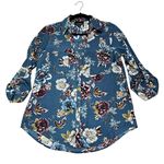 Fortune + Ivy  Womens Size M Turquoise Blue Floral Long Roll Tab Sleeve Button Up Photo 0