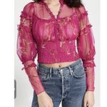 Free People  Time For Shine Mesh Cropped Smocked Pink Purple Floral Blouse Top L Photo 0
