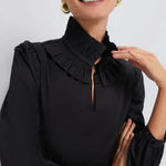 Tuckernuck Ruffle Neck Black Bouvier Classic Old Money Preppy Blouse Sz L 🧡🎀 Photo 0