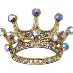 Vintage Style Princess Crown Brooch Pin Aurora Borealis Rhinestones Gold Tone Photo 6