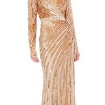 Mac Duggal  Long Sleeve‎ Sequin Streaked Gown Maxi Dress 5438 Copper Size 12 NWT Photo 0