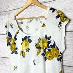 Lucky Brand Linen Blend Yellow Rose White Floral Casual T-Shirt Top Size Large Photo 2