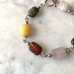 VTG Sterling Silver Carved Multi Gemstone Scarab Bracelet 8” Egyptian Revival Green Photo 2