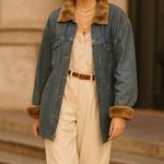 Liz Claiborne Vintage Boho Mob Wives Oversized Denim Jean Jacket Faux Fur Trim Photo 0