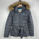 Hollister Belted Puffer Jacket Women's Small Gray Faux Fur Hood Winter Coat Warm Photo 0