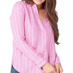 NYDJ  Shirt Women‎ Small Pink And White Striped Collared Linen Pullover Photo 0
