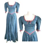 Vintage 70s Victorian Style Handmade Prairie Cottagecore Maxi Dress Modest Blue Photo 1