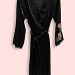 Jones New York Vintage 90’s black silky maxi robe tan floral embroidery pockets Photo 1