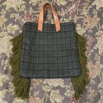 Anthropologie  Beaded Fringe Hem Bag Green Ivory Crochet Hand Tote Boho Cottage Photo 8