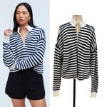 Madewell  Ribbed Half-Zip Sweater in Stripe‎ Ivory White Navy Blue Size XXL Photo 1