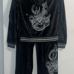 BCBGMAXAZRIA BCBG BLACK VELVET BLING SILVER STUD DRAGON & LOGO HOODIE & CROPPED PANTS SET NWT Photo 0