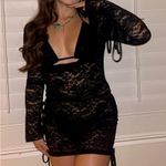 SheIn  Sheer Black Lace Dress, Long Sleeve Low Cowl Front With Triangle Top Small Photo 0