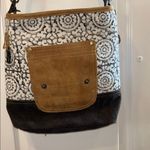 MYRA BAG BRAND..PIVOT PRINT SHOULDER BAG ADJUSTABLE STRAP TAN SUEDE DARK CANVAS Photo 10