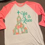 Crazy Train Pink and Floral He Is Risen Baseball Tee Photo 0