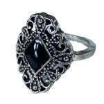 Silver Tone Filagree Ring Black Inlay Small Pinky Finger Approximate Size 6 Photo 0