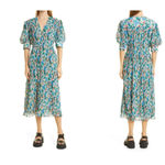 Ganni Floral Print Smocked Plisse Georgette Midi Dress Size Medium Photo 2