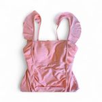 S Pink Ribbed Ruffle Tie Back One Piece Swimsuit Ruched High Cut Photo 2