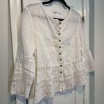 Basset Size S White Linen Lace Fitted Stone Button Front 3/4 Sleeve Top Germany Photo 2