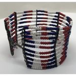 Beautiful Native American Metal and Beaded Cuff Bracelet Red Blue White Photo 7
