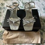 Badgley Mischka Loyalty Silver Sandal Heel 6.5 Kitten Heel Knot Detail Photo 6