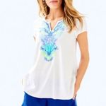 Lilly Pulitzer  Sea Ave Resort White Blue Embroidered Top XXS V Neck Top RARE HTF Photo 1